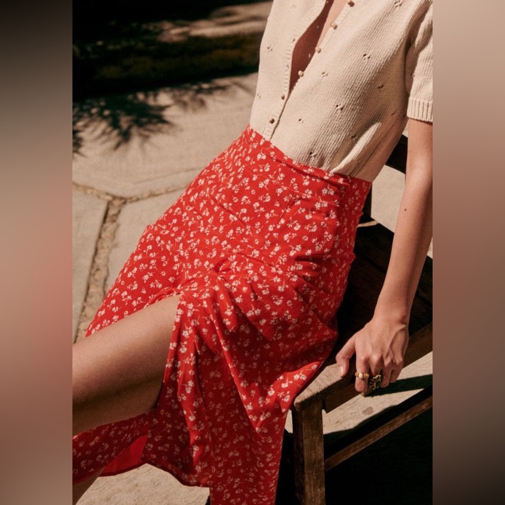 Sézane Tabata Skirt Silk Coral Mini Flowers Red White FR 34 / US 2
